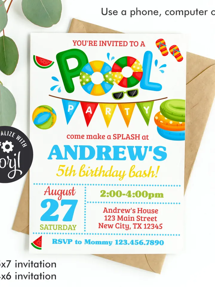 Pool Party Invitation Boy, Pool Party Birthday Invitation Instant Download, Swimming Party Invite, Editable Template