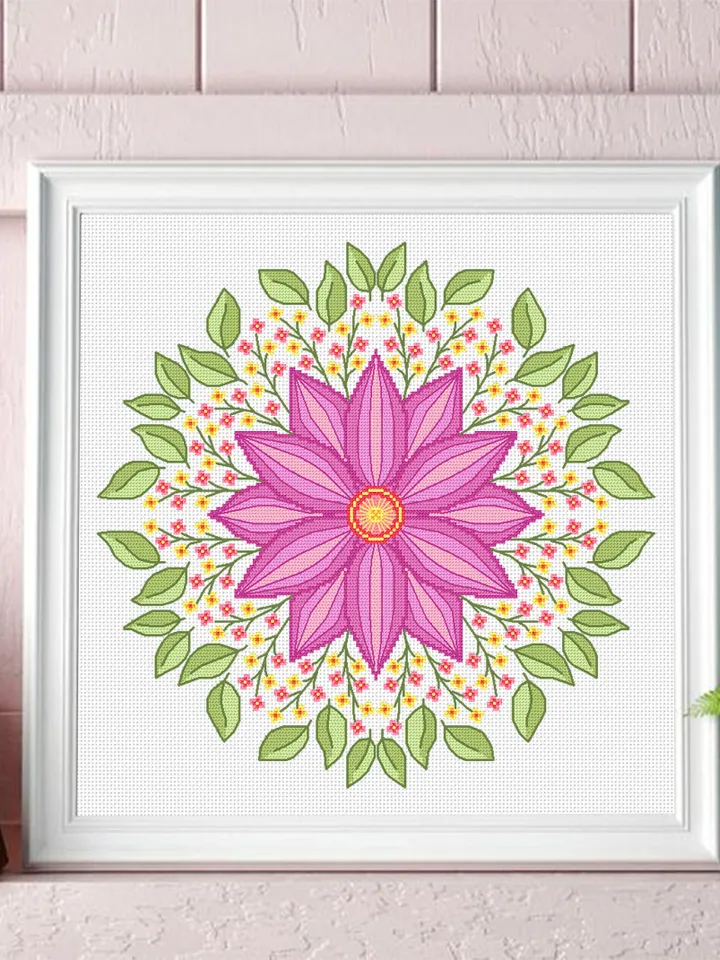 Floral mandala cross stitch pattern PDF download Simple mandala ornament hand embroidery PDF, Spring flowers cross stitch chart #M199
