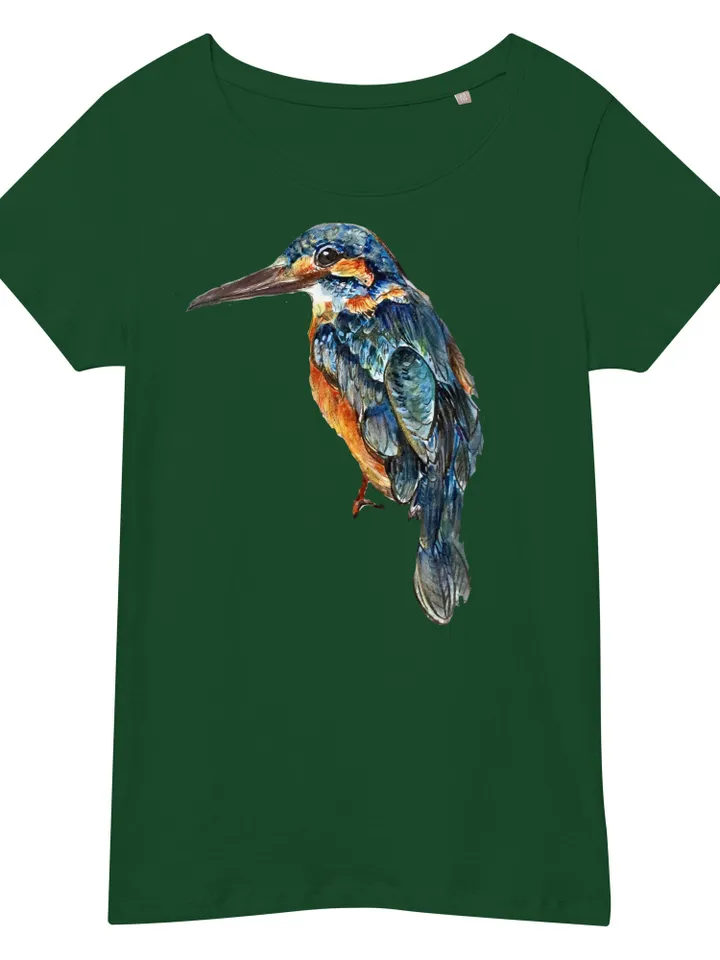 Kingfisher Women’s basic organic t-shirt made with my original watercolour painting,birds t shirts,unique handmade designer shirts for sale