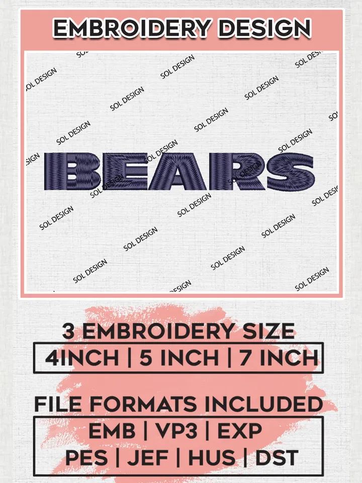 Chicago Bears Wordmark Embroidery Design Files, NFL Bears, NFL Logo Embroidery Files, NFL Chicago Bears Machine Embroidery Design, Digital Download