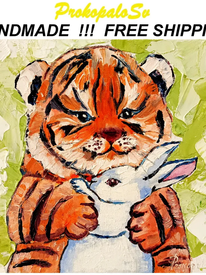 Tiger cub Painting Rabbit Original Art Christmas Gifts Impasto Oil Painting Tiger Painting Tiger Art Rabbit Art by ArtProkopaloSv