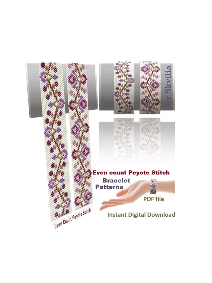 Cuff Bracelet Even Count Peyote Stitch Bead Patterns Bracelet, Beading Technique, Miyuki Delica, Czech beads Preciosa, Instant Download