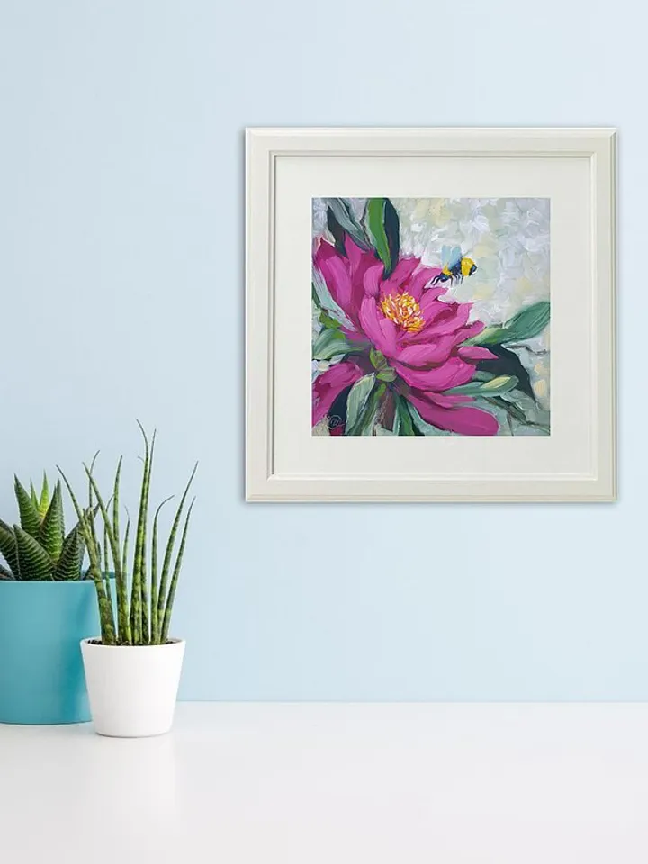 Bee Painting Floral Original Art Tropical Wall Art Flower Small Oil Painting