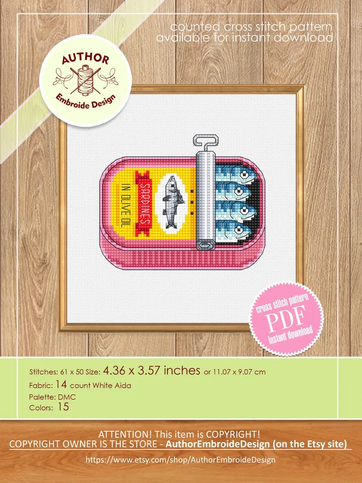 Sardines can cross stitch pattern PDF download Vintage tinned sardines cross stitch chart, Fish pattern digital, Funny kitchen decor #F27