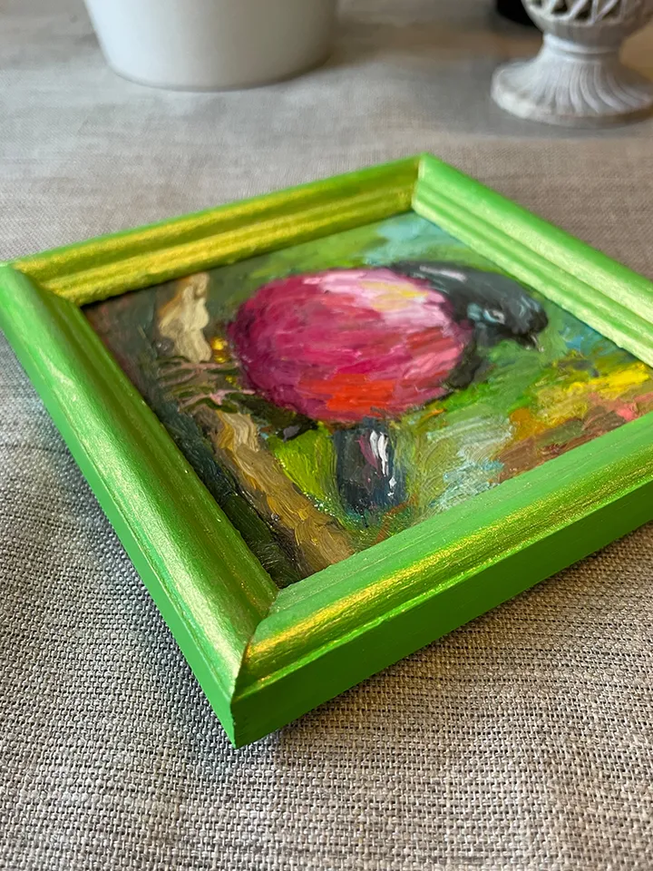 Pink robin painting, original bird oil painting, framed art