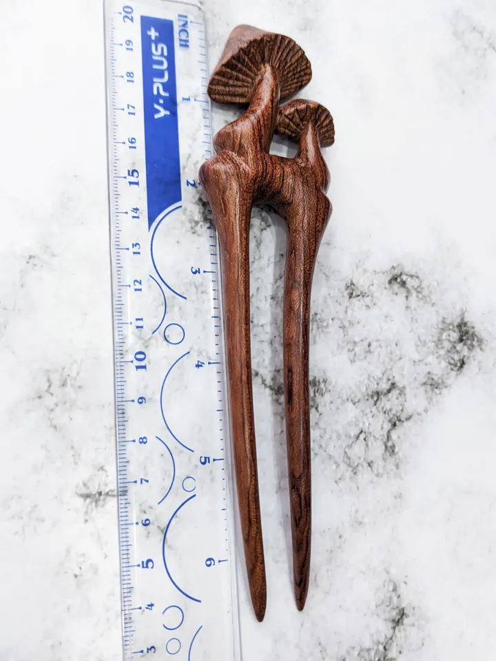 Carved wooden hairpin with mushrooms. Handmade hairpin from African bubinga wood.
