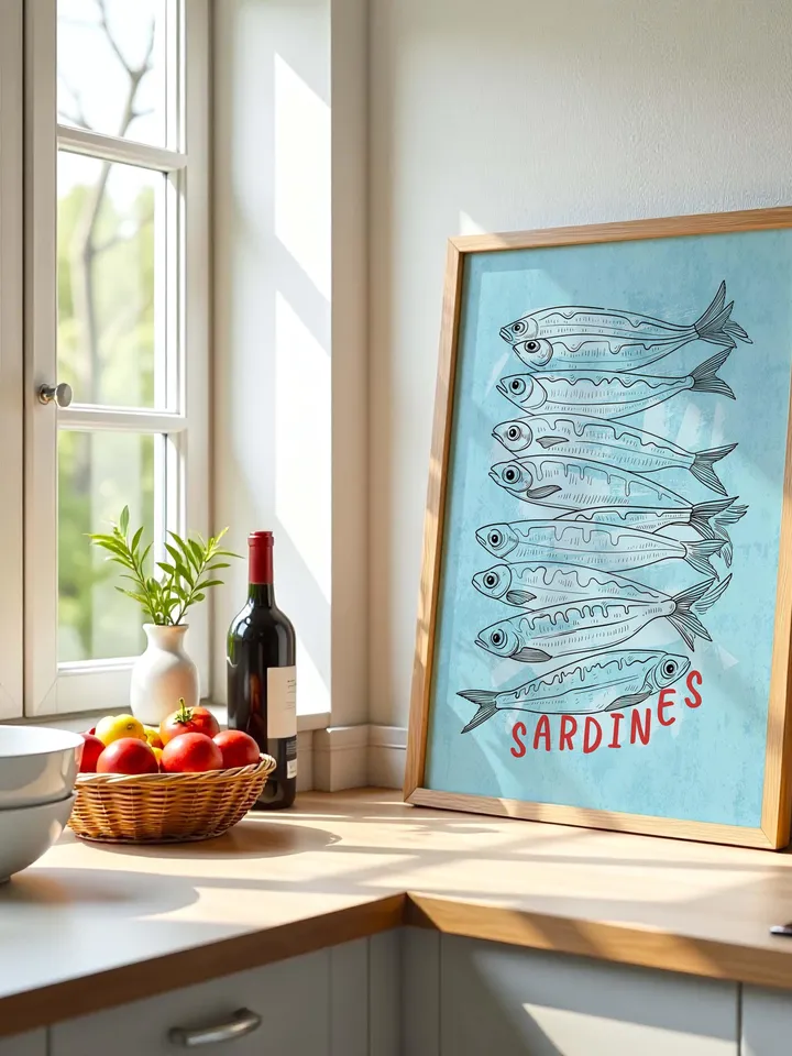 Sardine Wall Art, Sardines Tin Fish Poster, Colorful Kitchen Print, Maximalist Home Decor, Vintage Style Digital Artwork, Retro Sardine Art