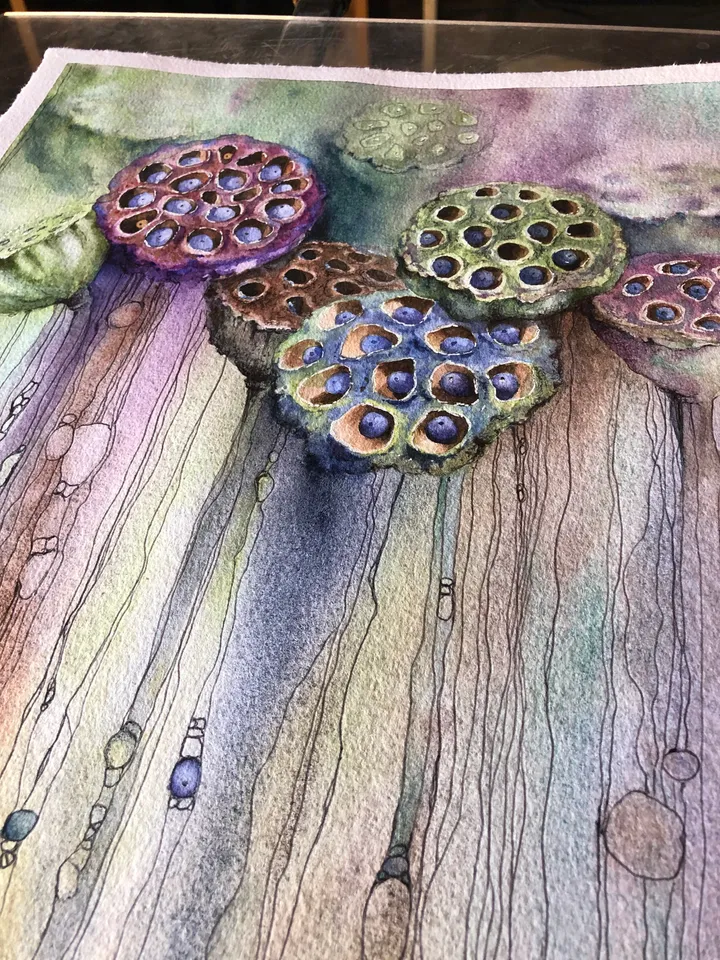 Flowers Original Lotus Painting Watercolor and ink Water Lilies Art