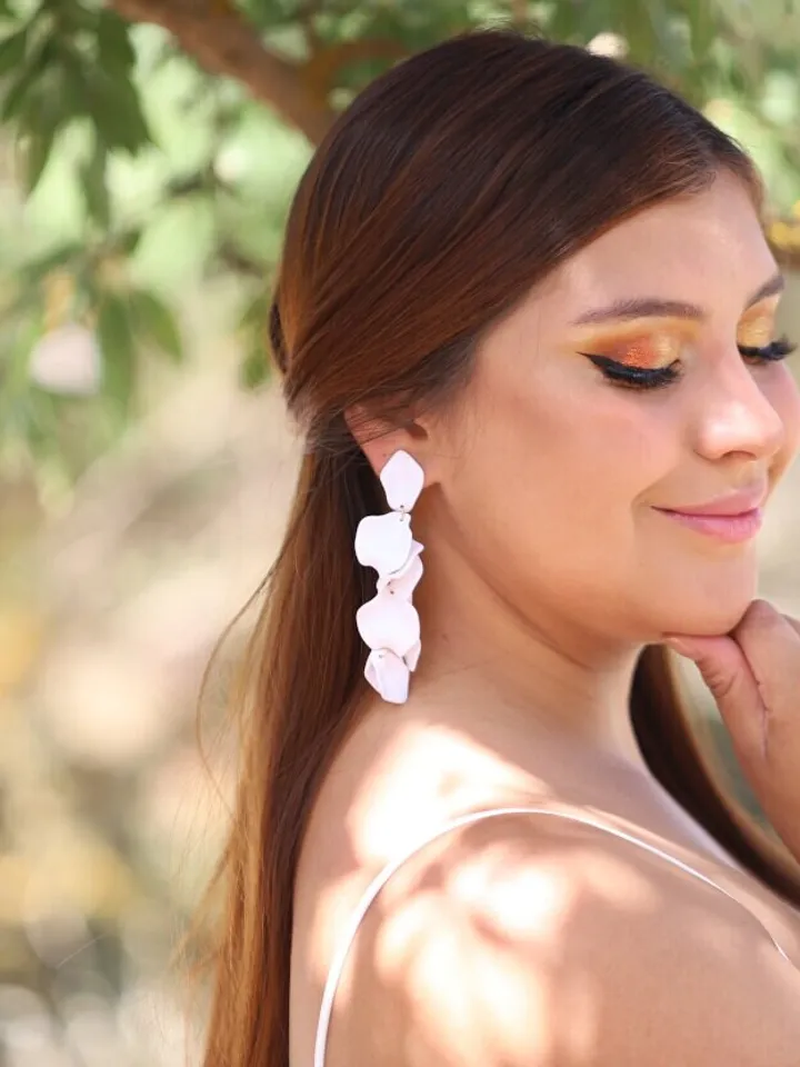 Extra Long Gold White Flower Wedding Earrings, Leaf Boho Bridal Earrings, Chandelier Statement Wedding Earrings, Floral Earrings For Bride