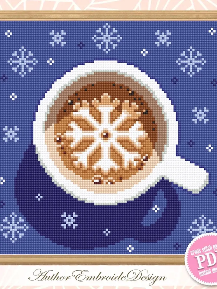 Christmas coffee cross stitch pattern PDF download Christmas cross stitch, Cup of latte cappuccino coffee with snowflake cross stitch #N148