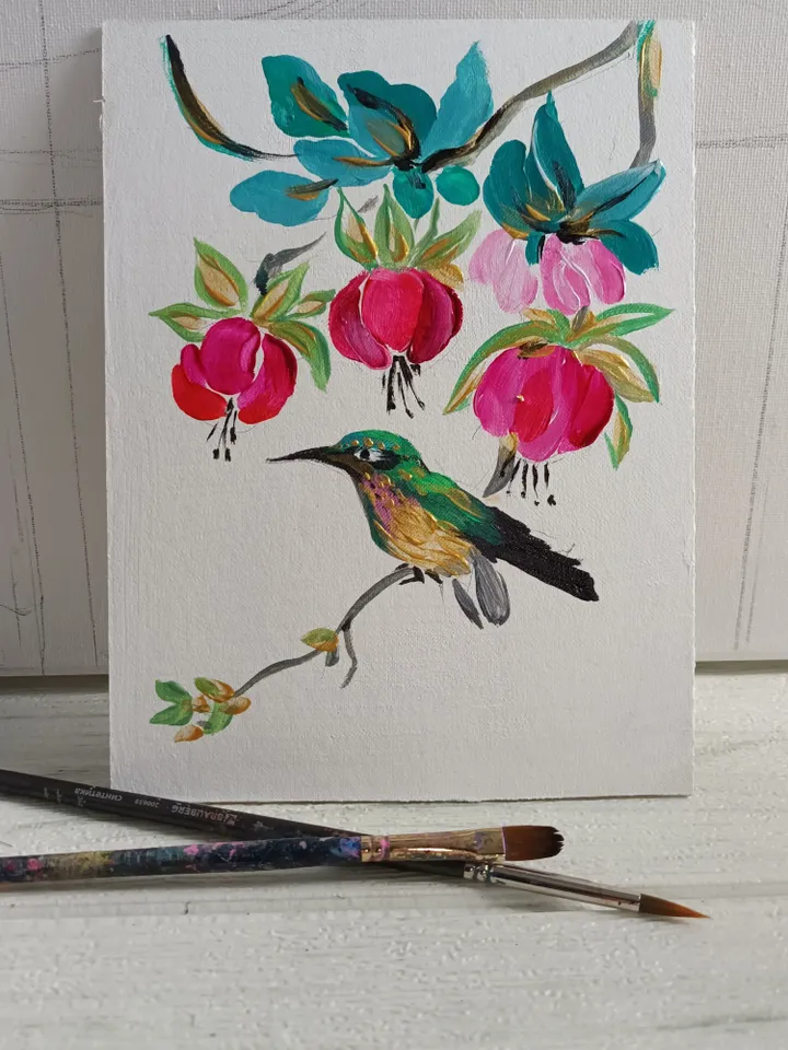 Painting "Hummingbird and fuchsia flowers."/acrylic painting, cardboard 6x8". Author's handmade.