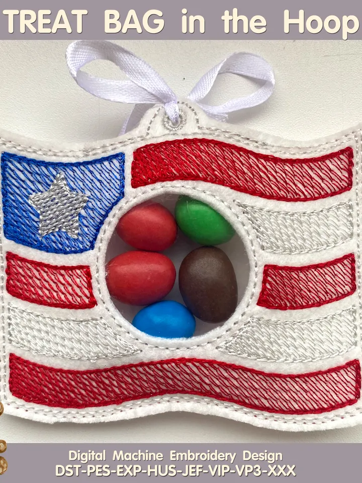 In The Hoop Machine Embroidery design ITH Peekabo Bag American Flag USA Patriotic 4th of July Treat Bag ITH Pattern.