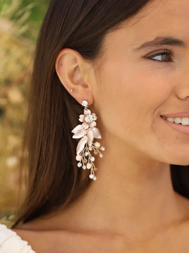 Boho Wedding Earrings For Brides, Rose Gold Chandelier Statement Floral Bridal Earrings, Flower Statement Wedding Jewelry, Vintage Jewellery