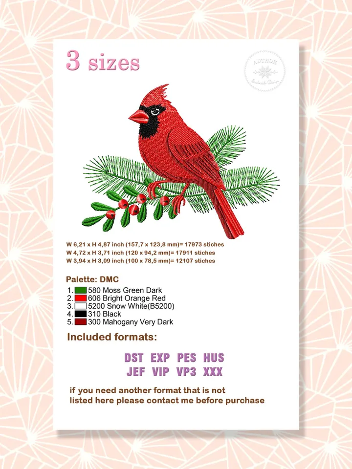 Cardinal embroidery design, Christmas machine embroidery pattern 3 size, Embroidery files bird ornaments for Christmas instant download #R20