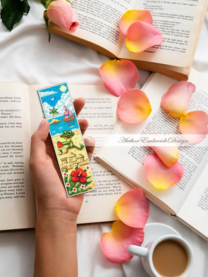 Summer bookmark cross stitch pattern PDF download Funny frog cross stitch chart, Beach bookmark pattern digital PDF, Sand castle #B450