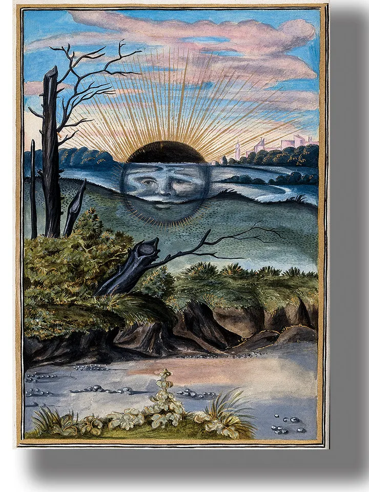 A black sun with a face descends behind the horizon of a marshy landscape.