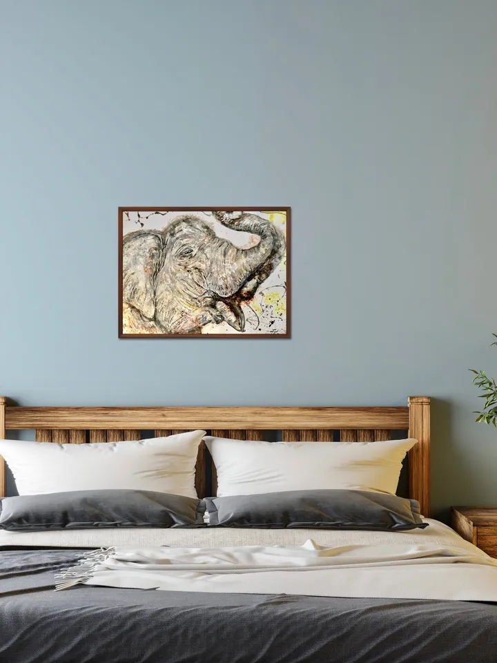 White Elephant Poster made with my original watercolour mix media painting on yupo paper,unique handmade artwork,home decoration.