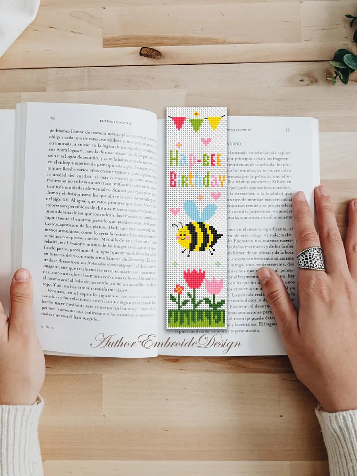 Birthday bookmark cross stitch pattern PDF download Funny bee cross stitch chart, Simple bookmark pattern digital PDF for beginners #B455