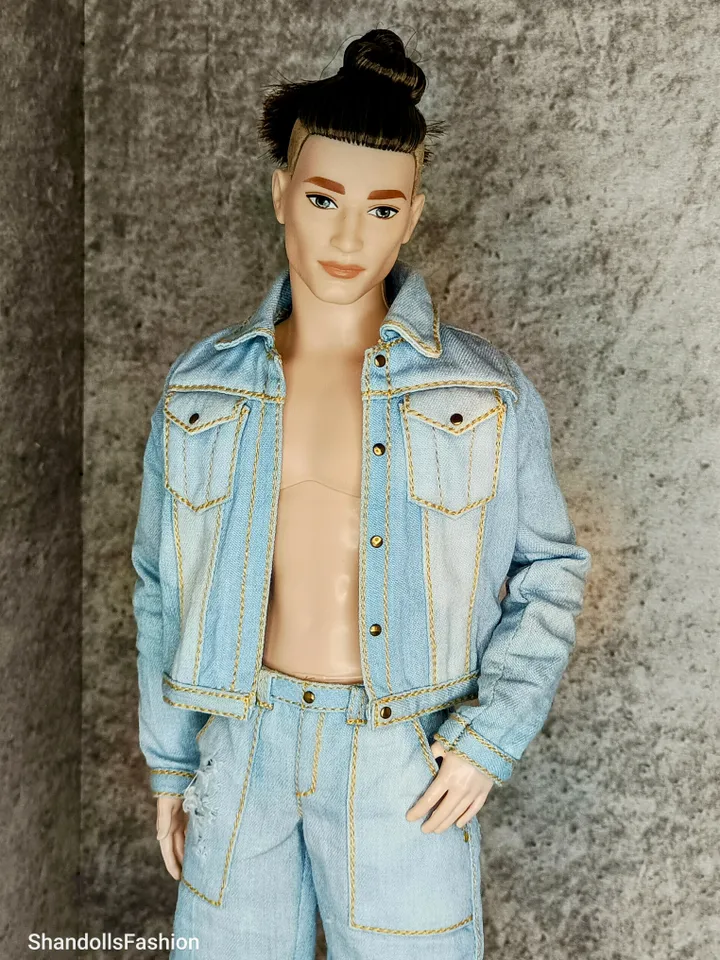 Ken's Distressed Denim Jacket and Cargo Jeans with Large Patch Pockets (Light Blue)