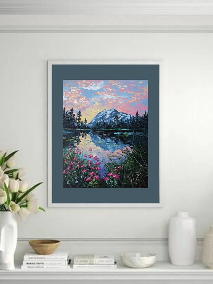 Mountain Painting Lake Original Art Sunset Artwork Landscape Impasto Painting