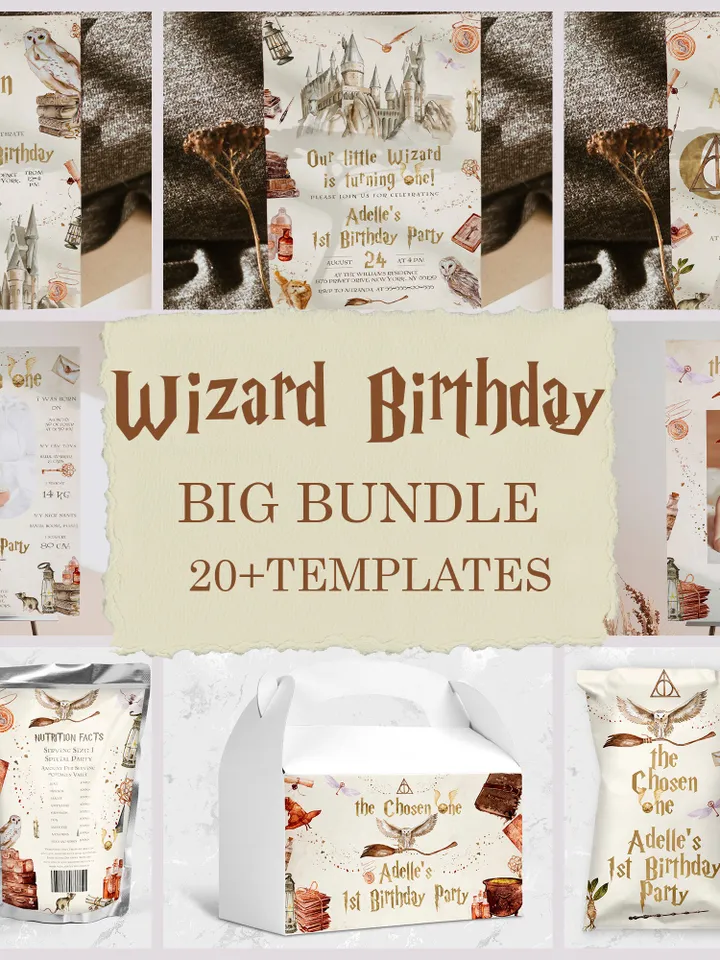 The Chosen One Big Bundle; Wizard Birthday Party Bundle Templates; Magic School Birthday Party Template; Editable Wizard Template; Wms12