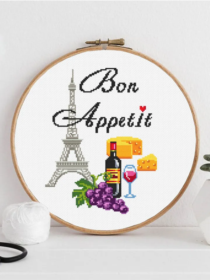 Paris kitchen cross stitch pattern download PDF, Food cross stitch chart, Quote cross stitch Bon Appetit, Eiffel Tower hand embroidery #F6