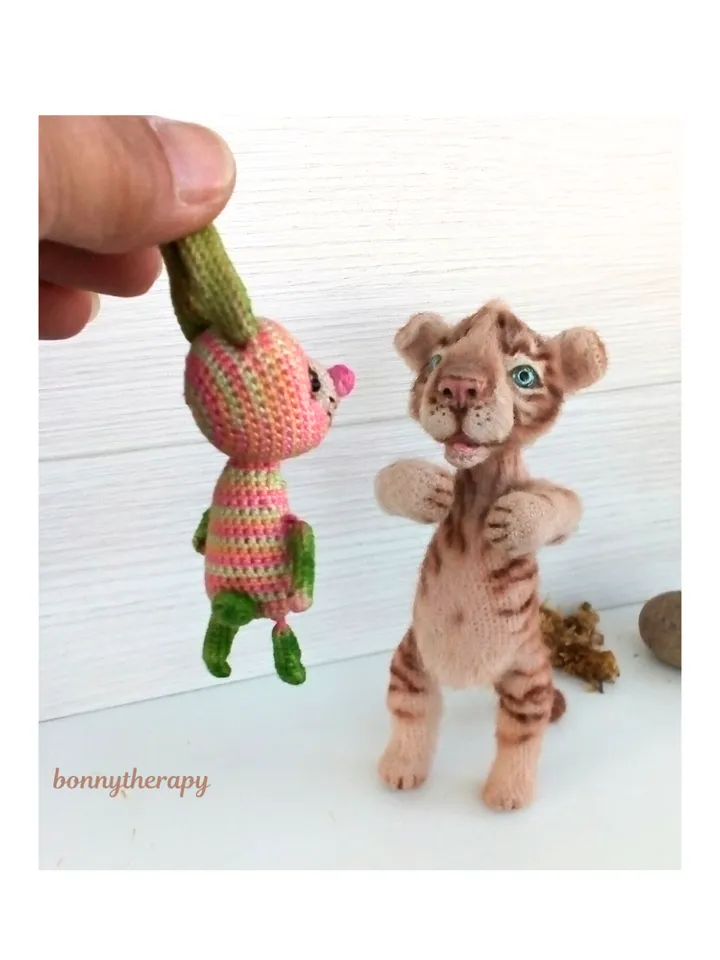 Cute crochet toy tiger cub, stuffed animal with wire frame