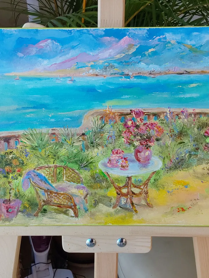 "Relaxing in the garden under the sea breeze" 40x30cm (16x12 inches)