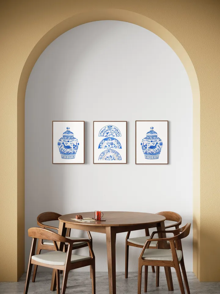 Chinoiserie Wall Art Set Of 3 Art Prints Watercolor Painting Blue White Porcelain Vintage Art Prints Chinese Jar Painting Porcelain Vase Art
