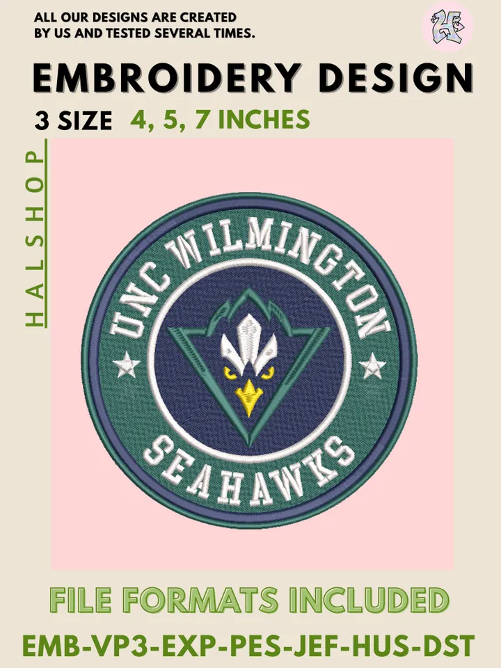 UNC Wilmington Seahawks NCAA Team Funny Mascot Logo Embroidery Design Files – College Sports Machine Embroidery, 3 Sizes, Digital Instant Download