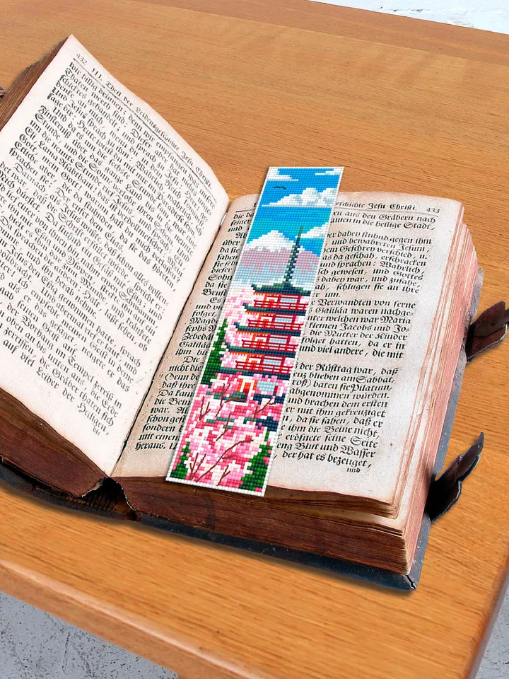 Spring bookmark cross stitch pattern PDF download Japanese pagoda cross stitch chart, Digital bookmark pattern PDF, Mount fuji, Sakura #B167