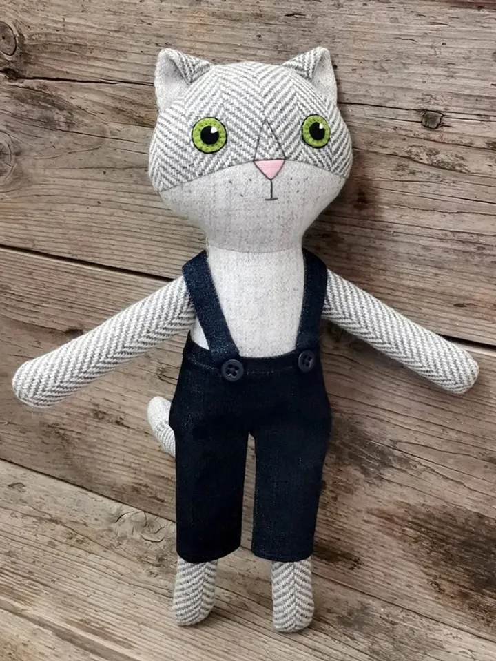 Gray cat boy, handmade wool plush doll, stuffed kitten toy, cat soft doll