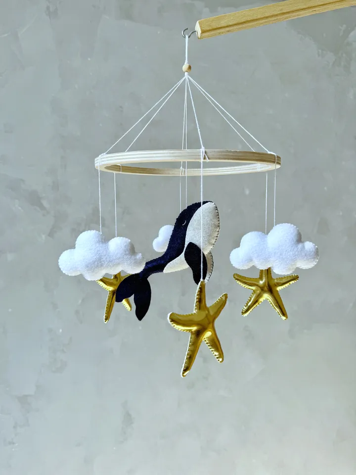 Whale baby mobile golden stars Ocean crib mobile minimalistic