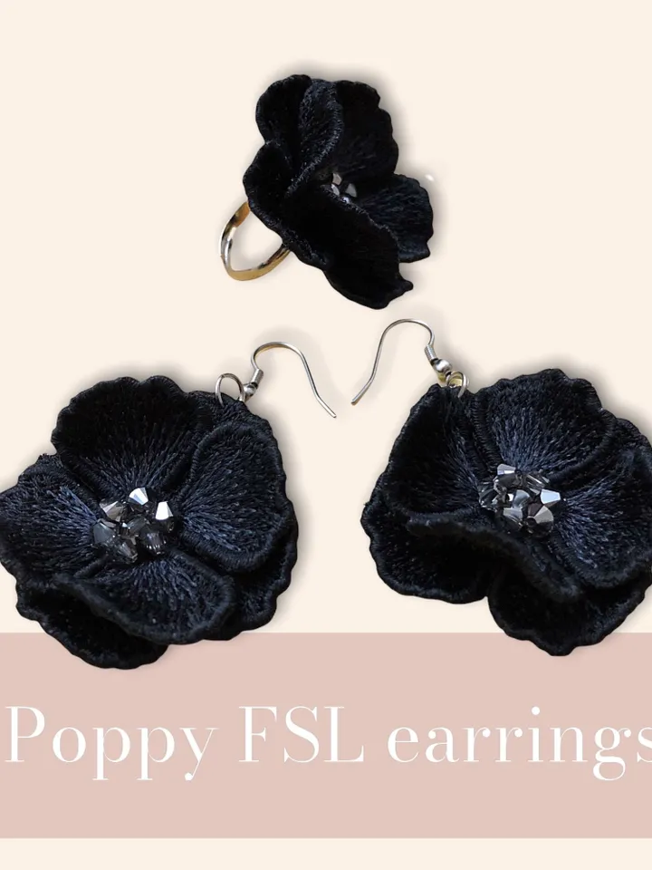 Poppy FSL machine embroidery designs Lace embroidery pattern 3D flower embroidery motif Flower FSL embroidery Earrings FSL
