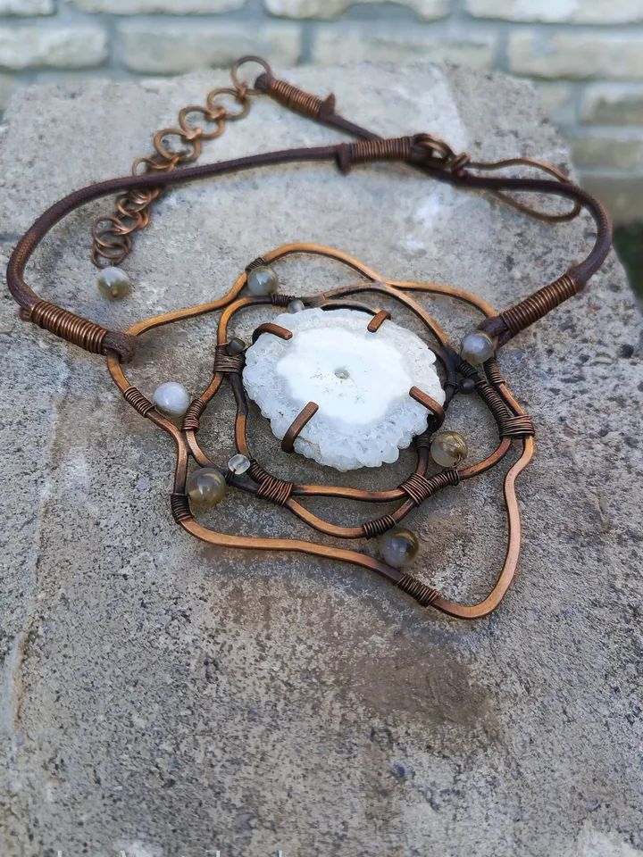 Copper Necklace “Stone Flower” with Stalactite Slice