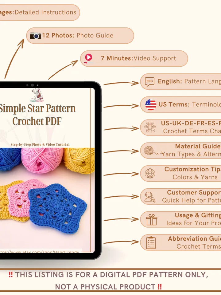 Simple Star Pattern Crochet PDF - Xmas Decor, Star, and Tree Designs - Quick and Easy PDF Tutorial for Beginners
