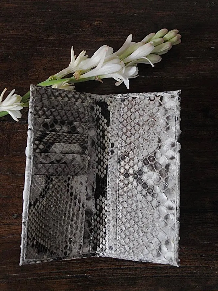 Genuine python skin flat unisex gray uncolored wallet / small money reptile purse / exotic leather snakeprint / cardholder gift idea