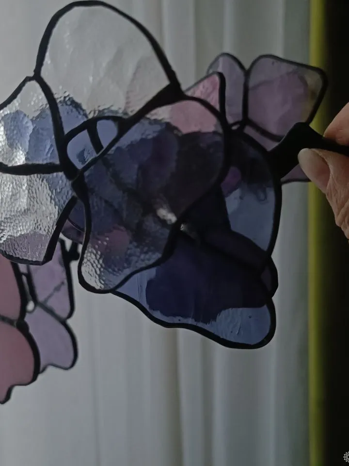 3D Pink and Purple Stained Glass Branch, 3D Pink and Purple Stained Glass Branch, Pink-Purple Floral Branch in 3D Stained Glass, 3D Stained Glass Blossom Branch in Rose and Violet, Handcrafted 3D Stained Glass Flowering Twig, Rose-Violet Glass Flower Stem