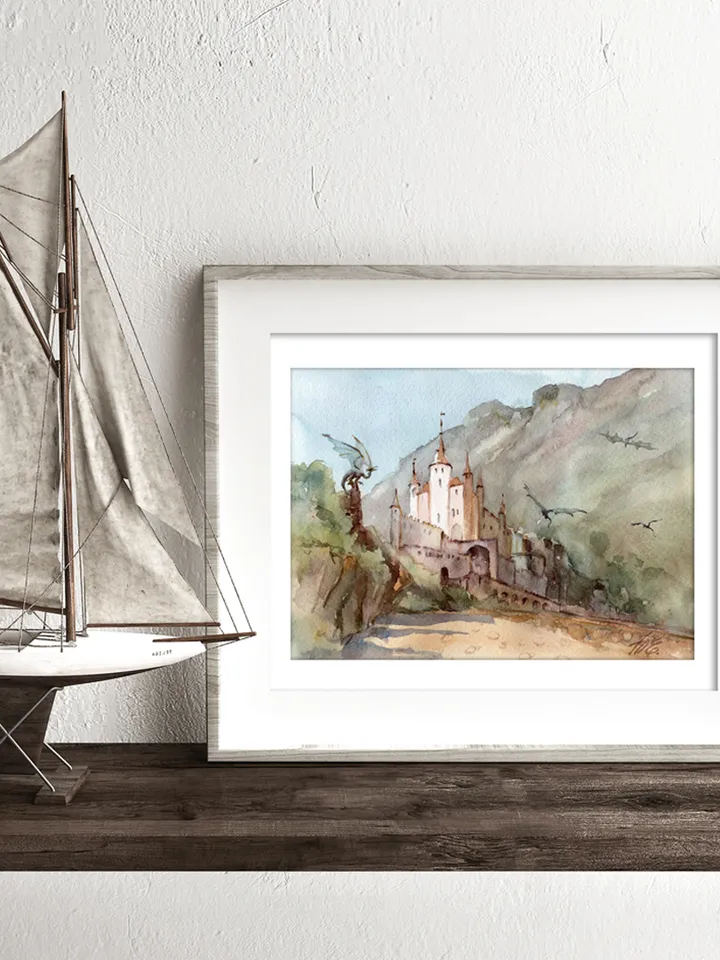 Fantasy castle of dragons Original painting by Yulia Evsyukova
