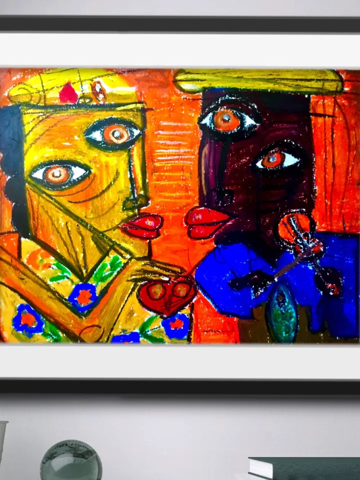 Lovers, abstract painting ,original oil pastel painting, gift for Valentine day.