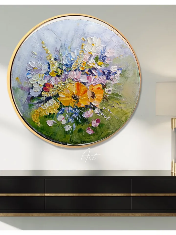Oil painting on round canvas flowers 12x12 inches