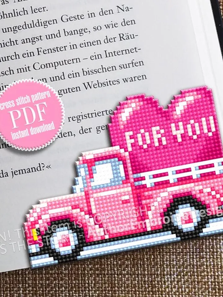Valentine truck Corner bookmark cross stitch pattern PDF download Pink truck cross stitch chart Valentine bookmark pattern digital PDF #B398