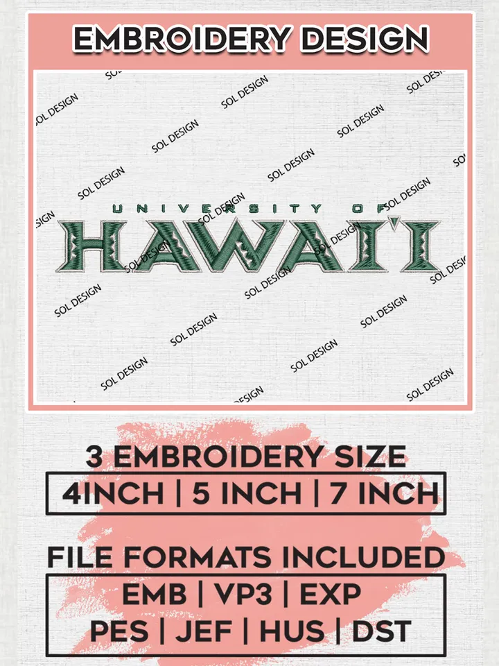 NCAA Hawaii Uni.versity Team Logo Embroidery Design Files, NCAA Hawaii Rainbow Warriors Machine Embroidery, NCAA Teams, Game Day, 3 sizes, NCAA Machine embroidery designs, Digital Download