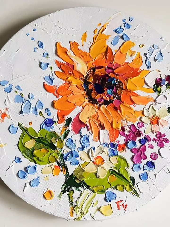 Sunflower Painting Original Art Impasto Oil Painting Flower Artwork Verafe