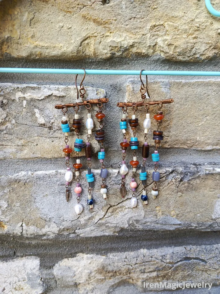 Long Copper Boho Earrings with Mixed Natural Beads