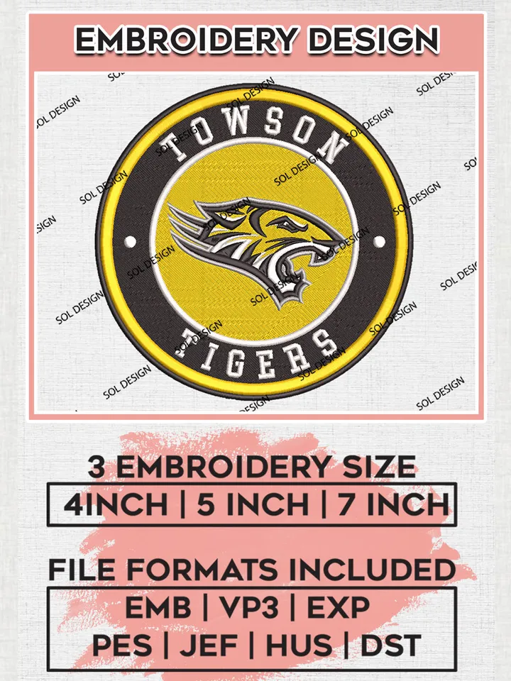 NCAA Towson Tigers Round Logo Embroidery, NCAA Towson Tigers Logo Embroidery files, NCAA Teams, Machine embroidery designs, Digital Download