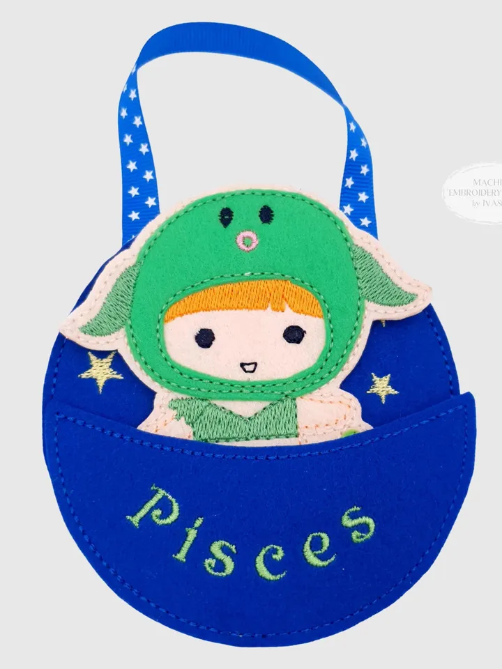ITH Pisces Mermaid Finger Puppet & Bag Embroidery Design, Fish Zodiac Toy Pattern, 4x4 Hoop Christmas Ornament