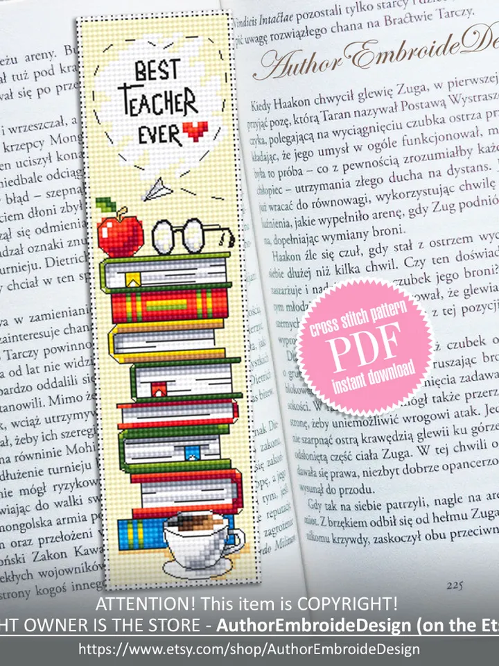 Teacher bookmark cross stitch pattern PDF download Best teacher ever, Handmade bookmark pattern digital PDF, Teachers day gift School #B352