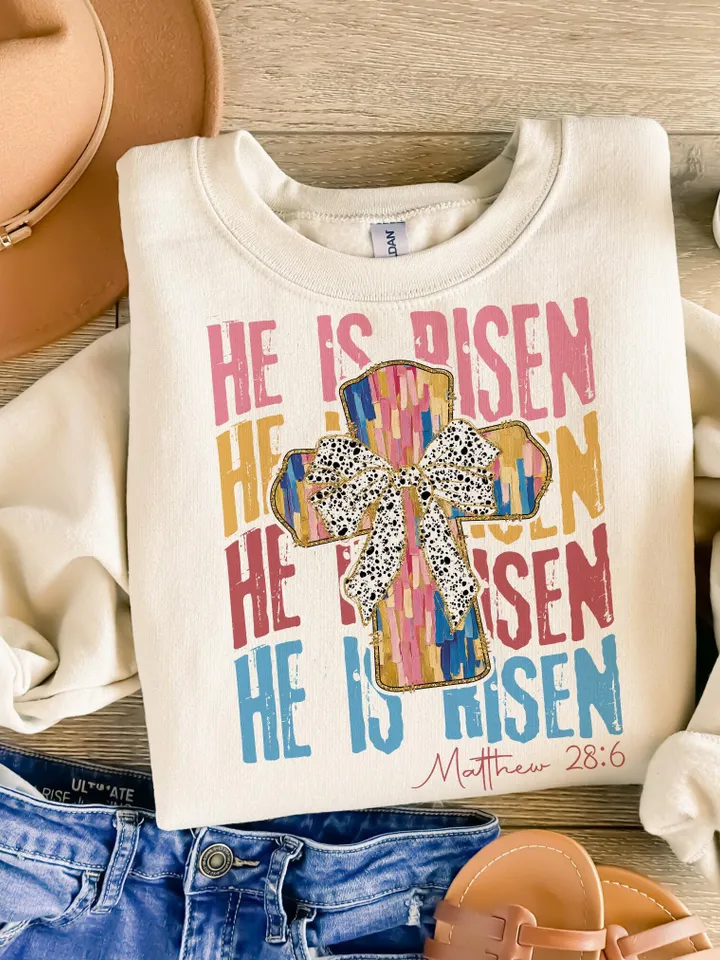 He is Risen png, Christian Easter Png, Matthew 28:6, Easter bible verse png, Risen png, Glitter Easter png, Easter coquette png, brushstroke