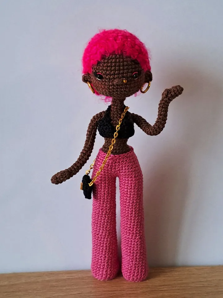 Pattern Black doll in pink. pattern Crochet african doll. afro american doll. crochet dark skin doll